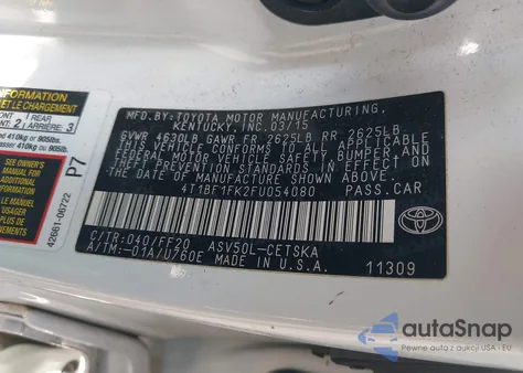 2015 Toyota Camry Se z USA, uszkodzony, nr VIN 4T1BF1FK2FU054080